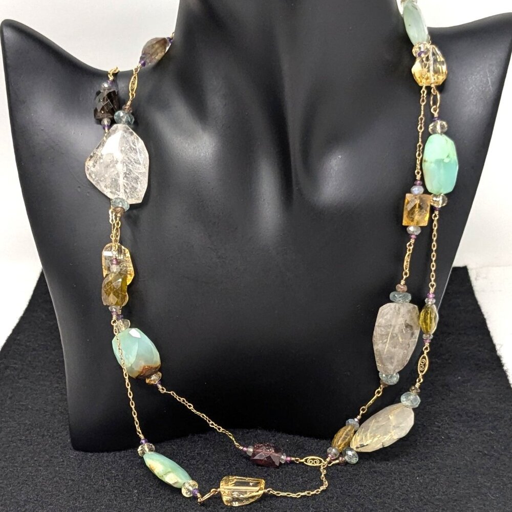 Multi-Stone Station Necklace Rutilated quartz peruvian opal citrine Gold tone